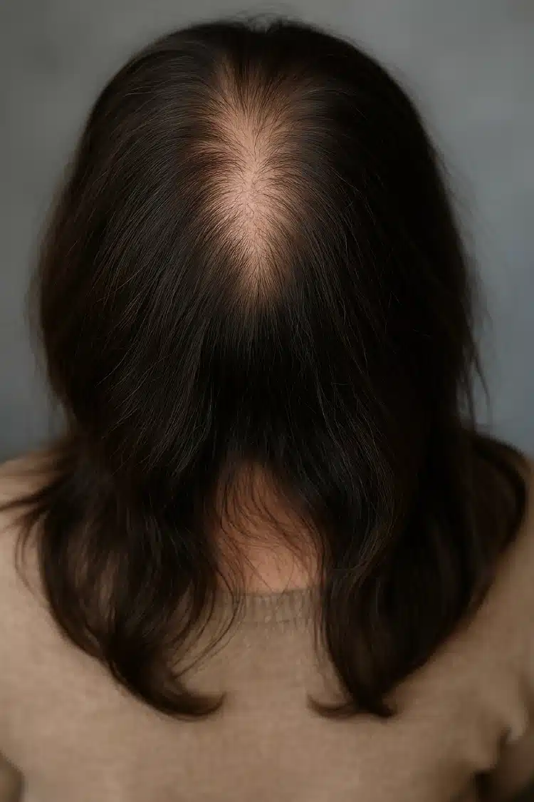 une femme vue de dos ou l'on voit son crâne à travers ses cheveux