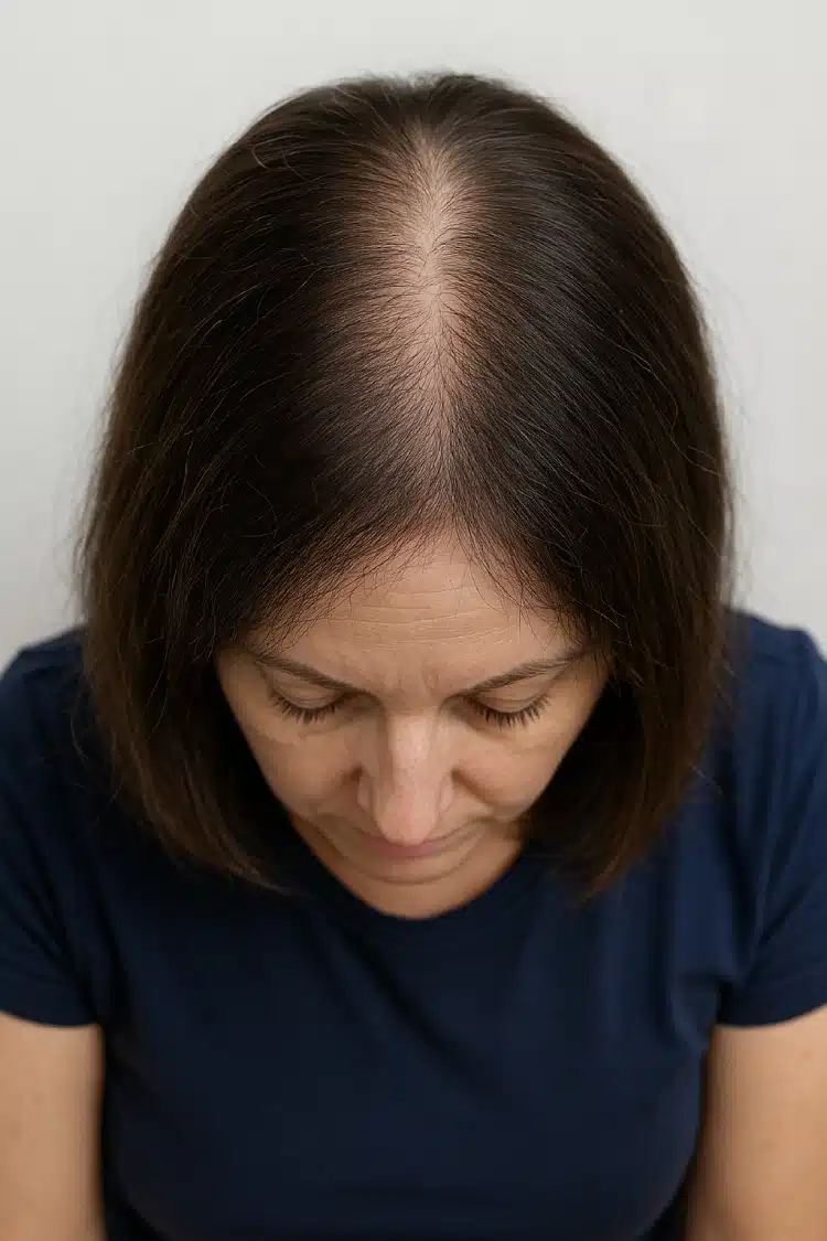 une femme vu de haut où l'on voit son crâne à travers ses cheveux