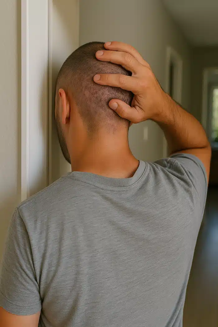 un homme qui s'est cogné la tête après une greffe de cheveux