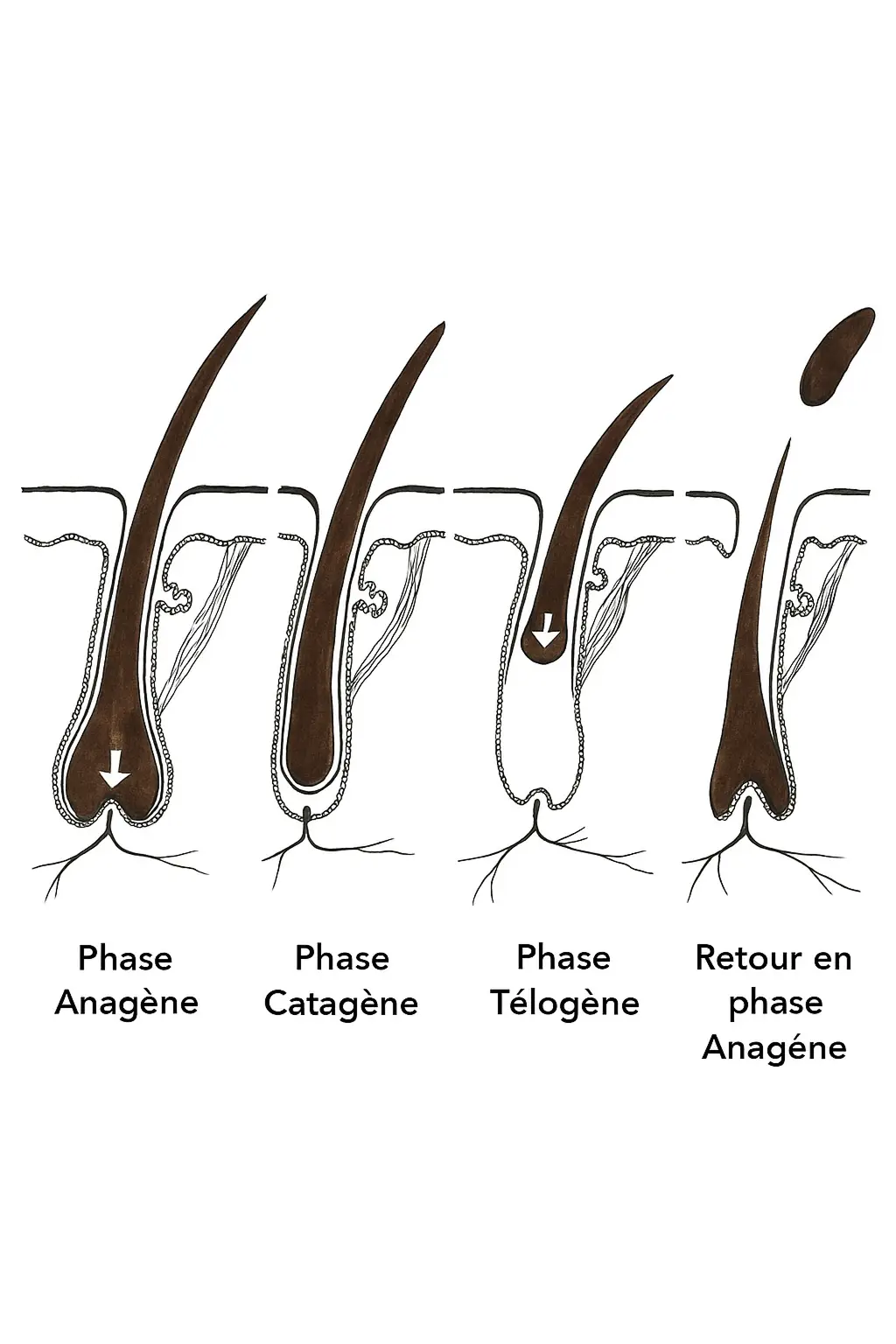 schema du cyle des cheveux en 4 étapes